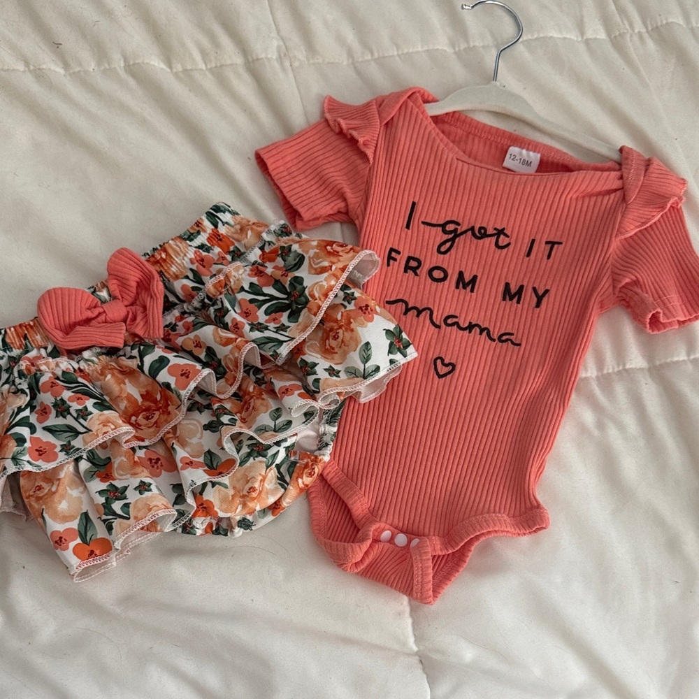 Coral Baby Onesie and Floral Shorts Set